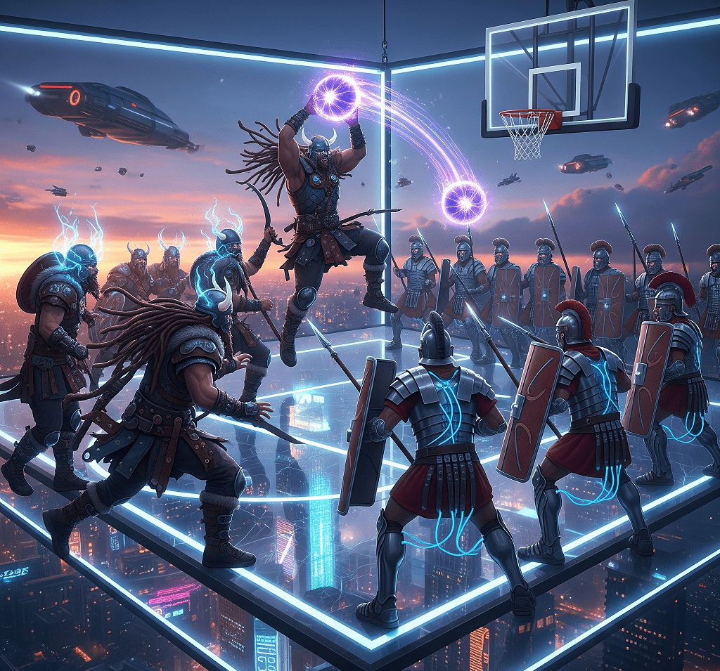 Imagen de un partido de basket futurista entre un equipo de guerreros vikingos y un equipo de legionarios romanos en una arena tecnológica